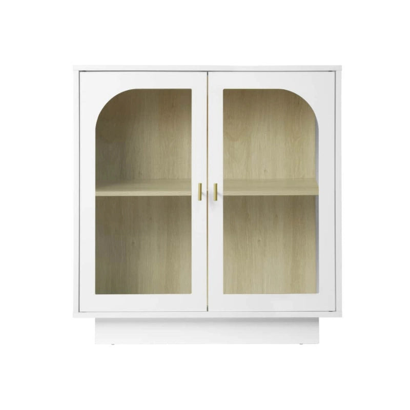 Modern White Storage Cabinet with Arched Transparent Doors and Gold Handles