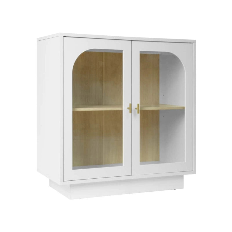 Modern White Storage Cabinet with Arched Transparent Doors and Gold Handles
