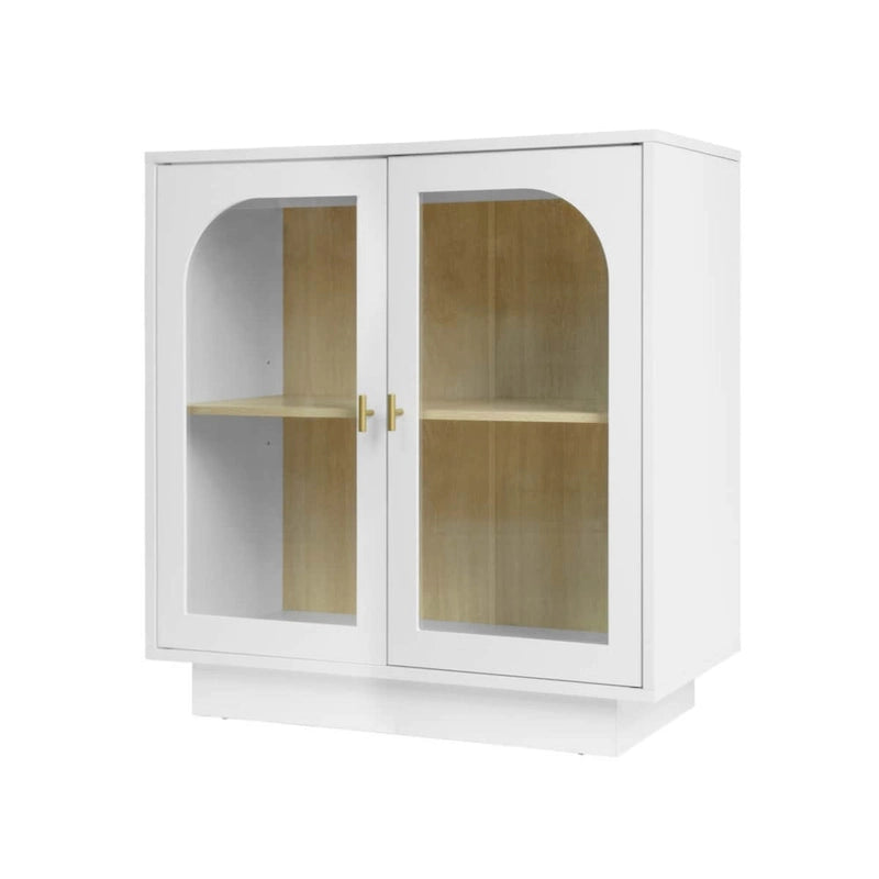 Modern White Storage Cabinet with Arched Transparent Doors and Gold Handles