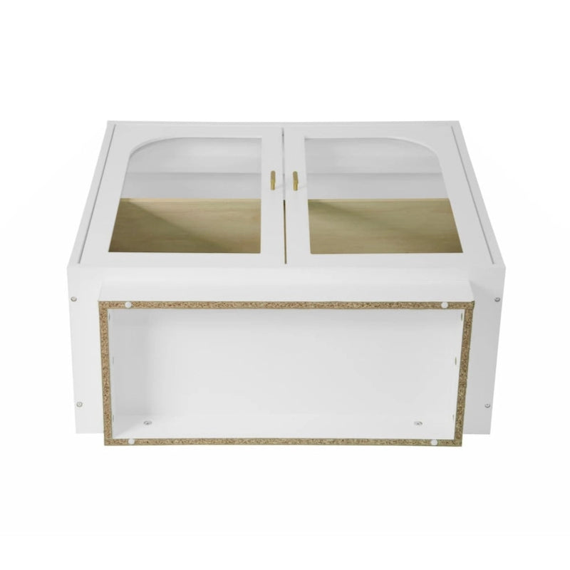 Modern White Storage Cabinet with Arched Transparent Doors and Gold Handles