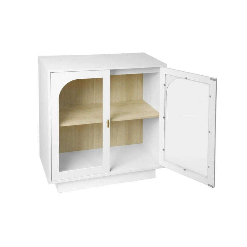 Modern White Storage Cabinet with Arched Transparent Doors and Gold Handles