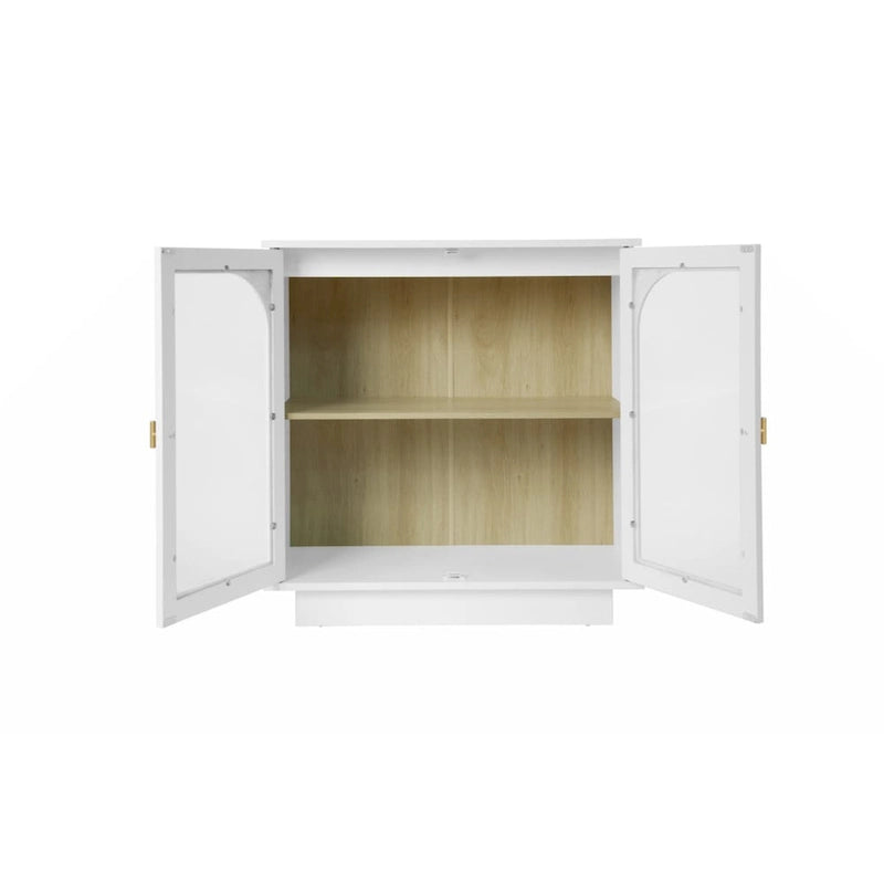 Modern White Storage Cabinet with Arched Transparent Doors and Gold Handles