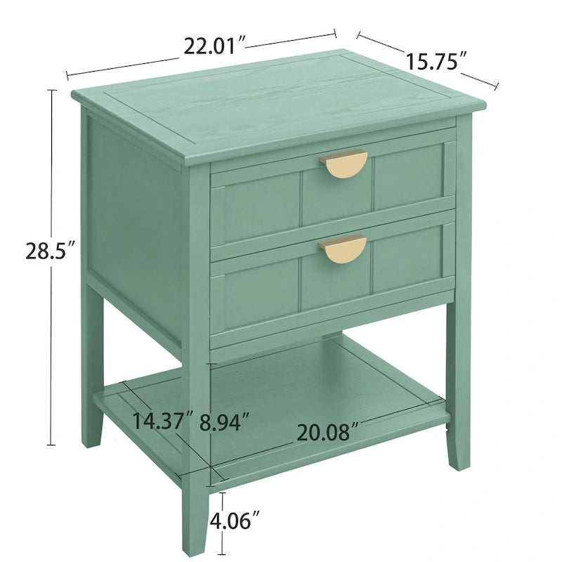 2-Drawer Nightstand End Table with Open Shelf, Green