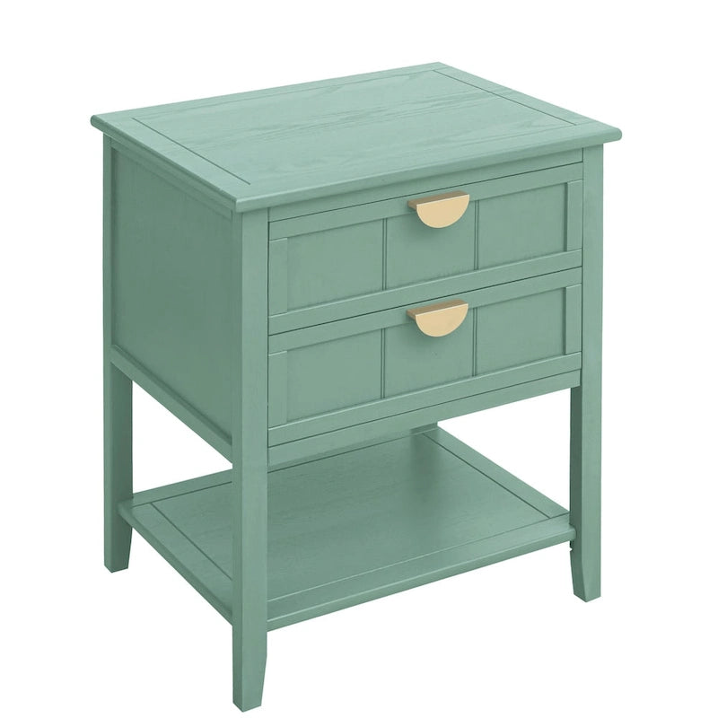 2-Drawer Nightstand End Table with Open Shelf, Green