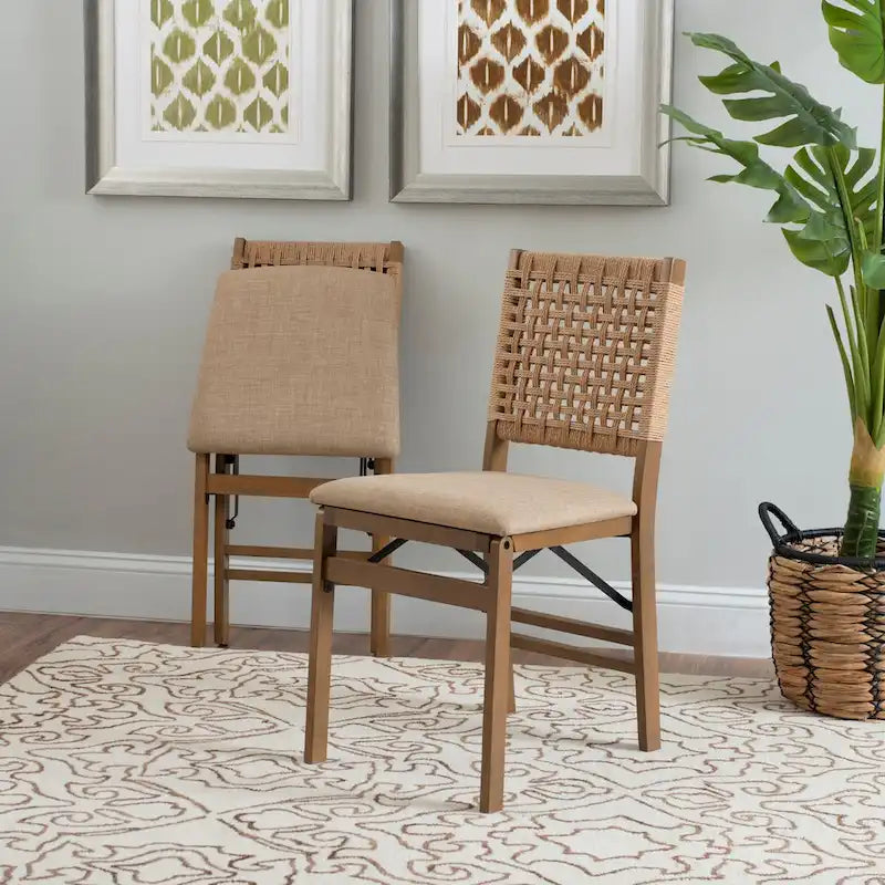 Natural Woven Back Folding Dining Chair Brown Rubberwood Linen Seat