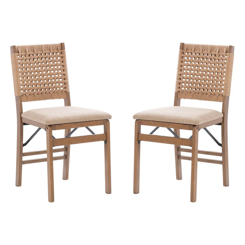 Natural Woven Back Folding Dining Chair Brown Rubberwood Linen Seat