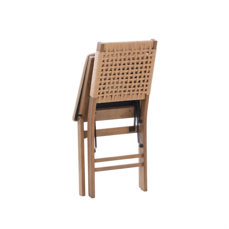 Natural Woven Back Folding Dining Chair Brown Rubberwood Linen Seat