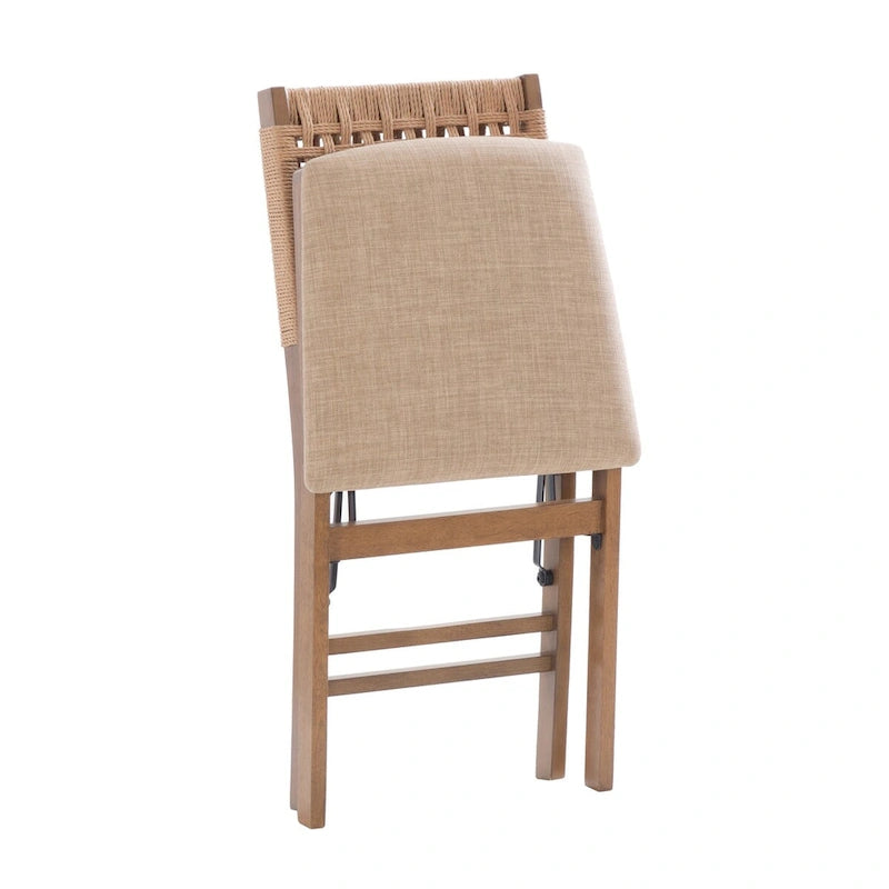 Natural Woven Back Folding Dining Chair Brown Rubberwood Linen Seat