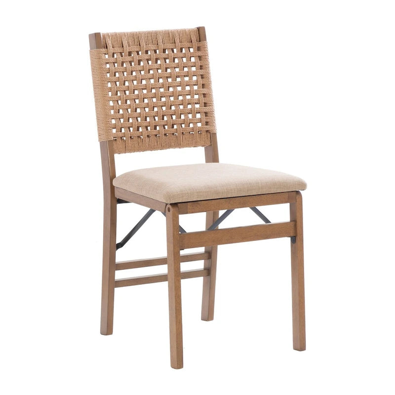 Natural Woven Back Folding Dining Chair Brown Rubberwood Linen Seat