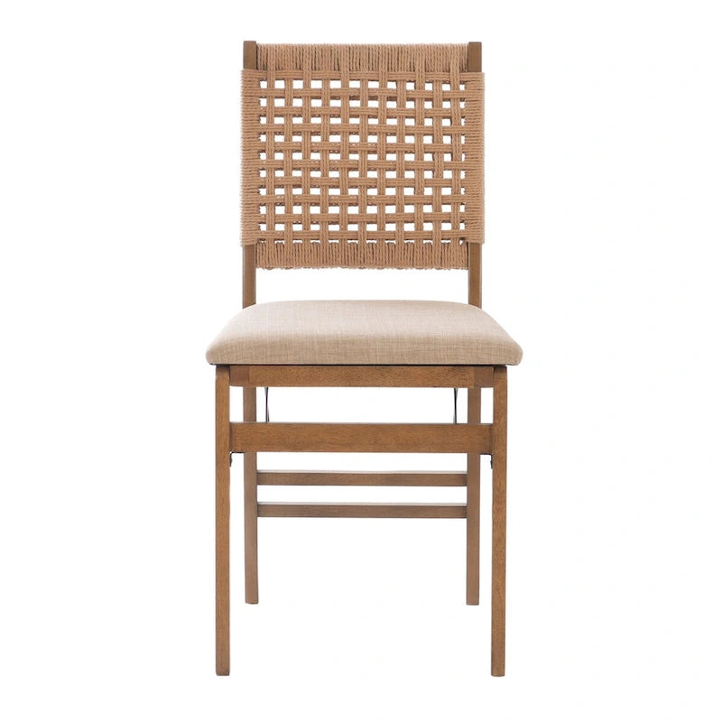 Natural Woven Back Folding Dining Chair Brown Rubberwood Linen Seat