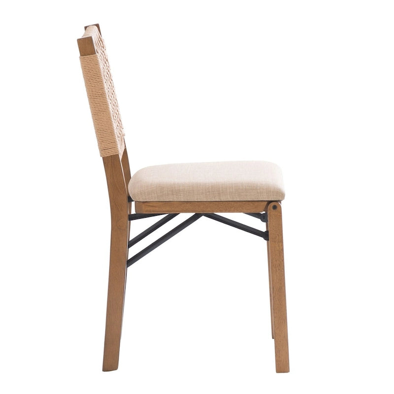Natural Woven Back Folding Dining Chair Brown Rubberwood Linen Seat