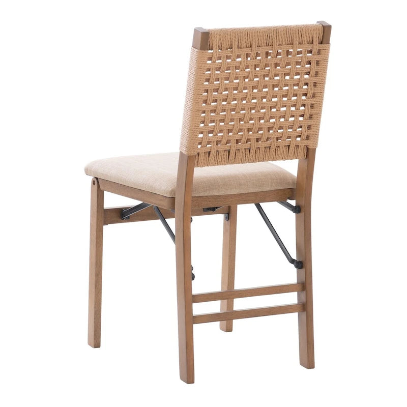 Natural Woven Back Folding Dining Chair Brown Rubberwood Linen Seat