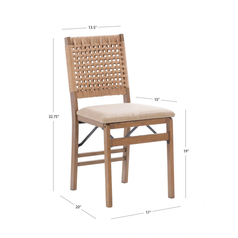 Natural Woven Back Folding Dining Chair Brown Rubberwood Linen Seat