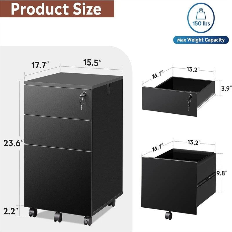 Rolling 3-Drawer Mobile File Cabinet with Lock and Wheels