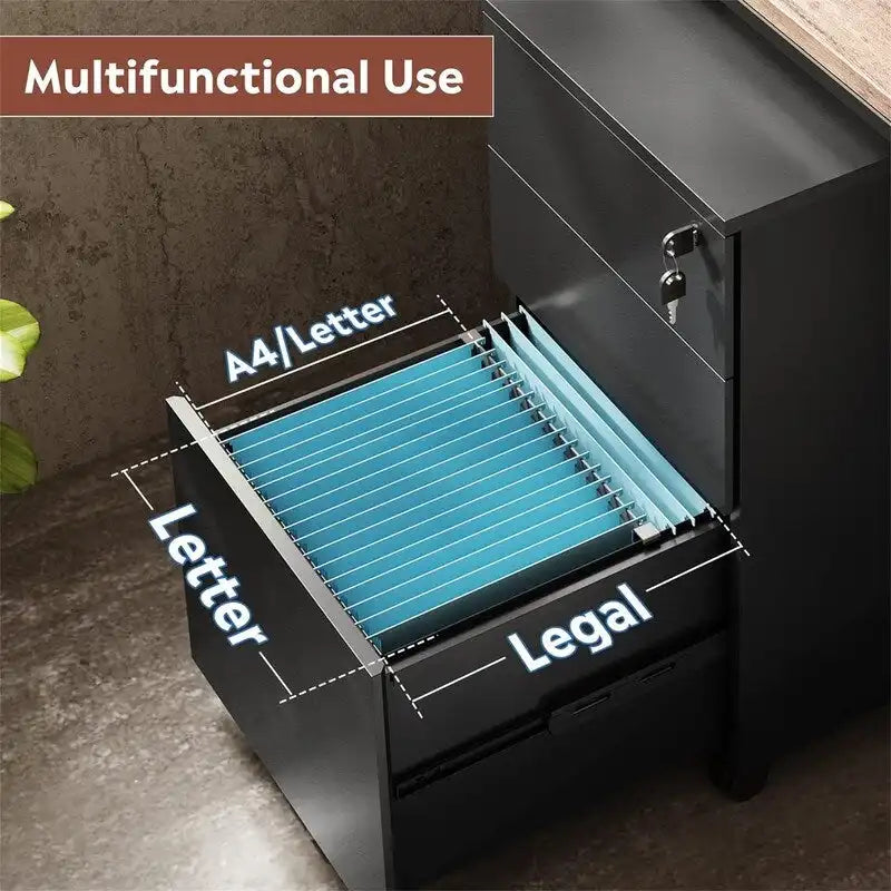 Rolling 3-Drawer Mobile File Cabinet with Lock and Wheels