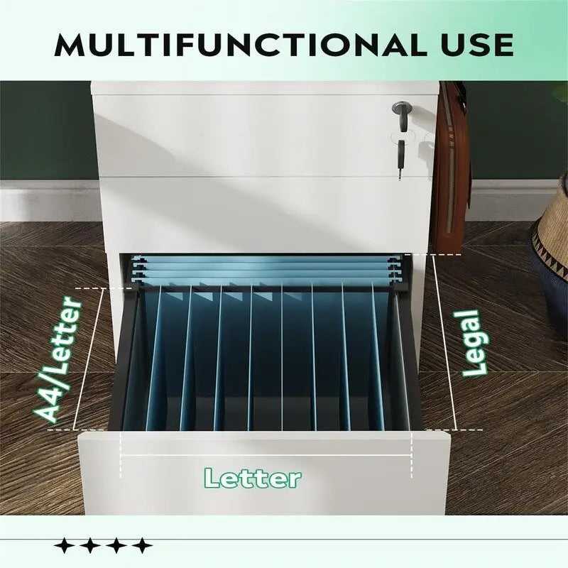 Rolling 3-Drawer Mobile File Cabinet with Lock and Wheels