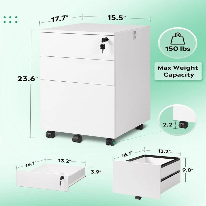 Rolling 3-Drawer Mobile File Cabinet with Lock and Wheels