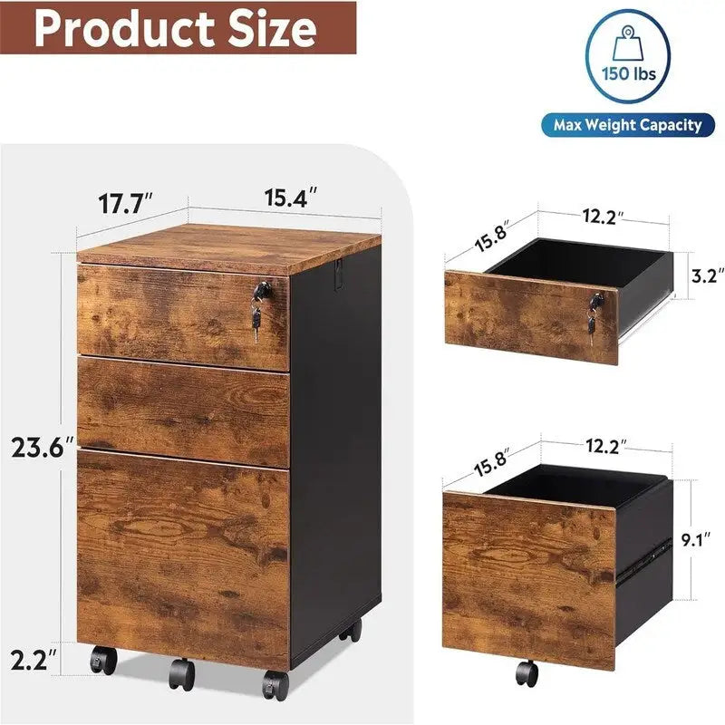 Rolling 3-Drawer Mobile File Cabinet with Lock and Wheels